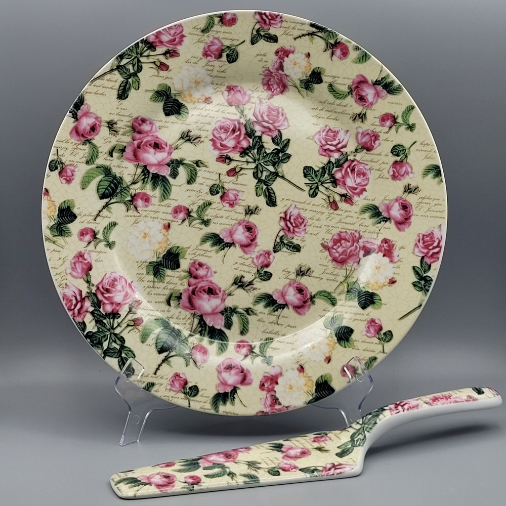 Cake platter w/ matching Server, Roses, crackled glass and script pattern